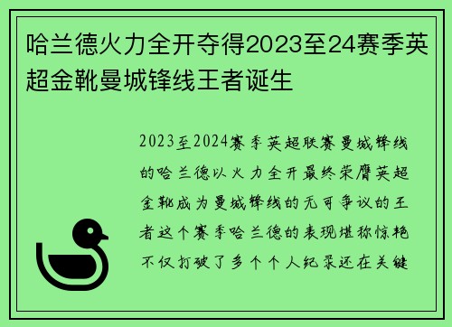 哈兰德火力全开夺得2023至24赛季英超金靴曼城锋线王者诞生 哈兰德火力全开夺得2023至24赛季英超金靴曼城锋线王者诞生