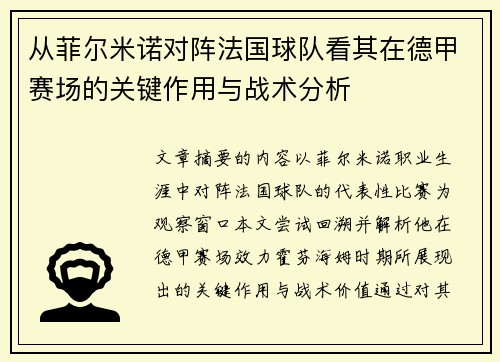 从菲尔米诺对阵法国球队看其在德甲赛场的关键作用与战术分析
